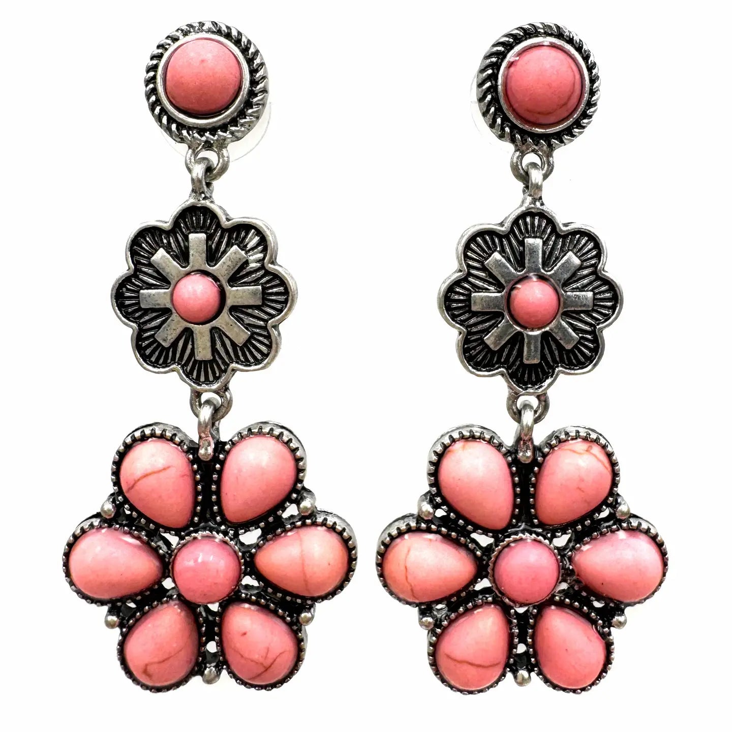 Flower Concho Western Dangle Earrings - Pink