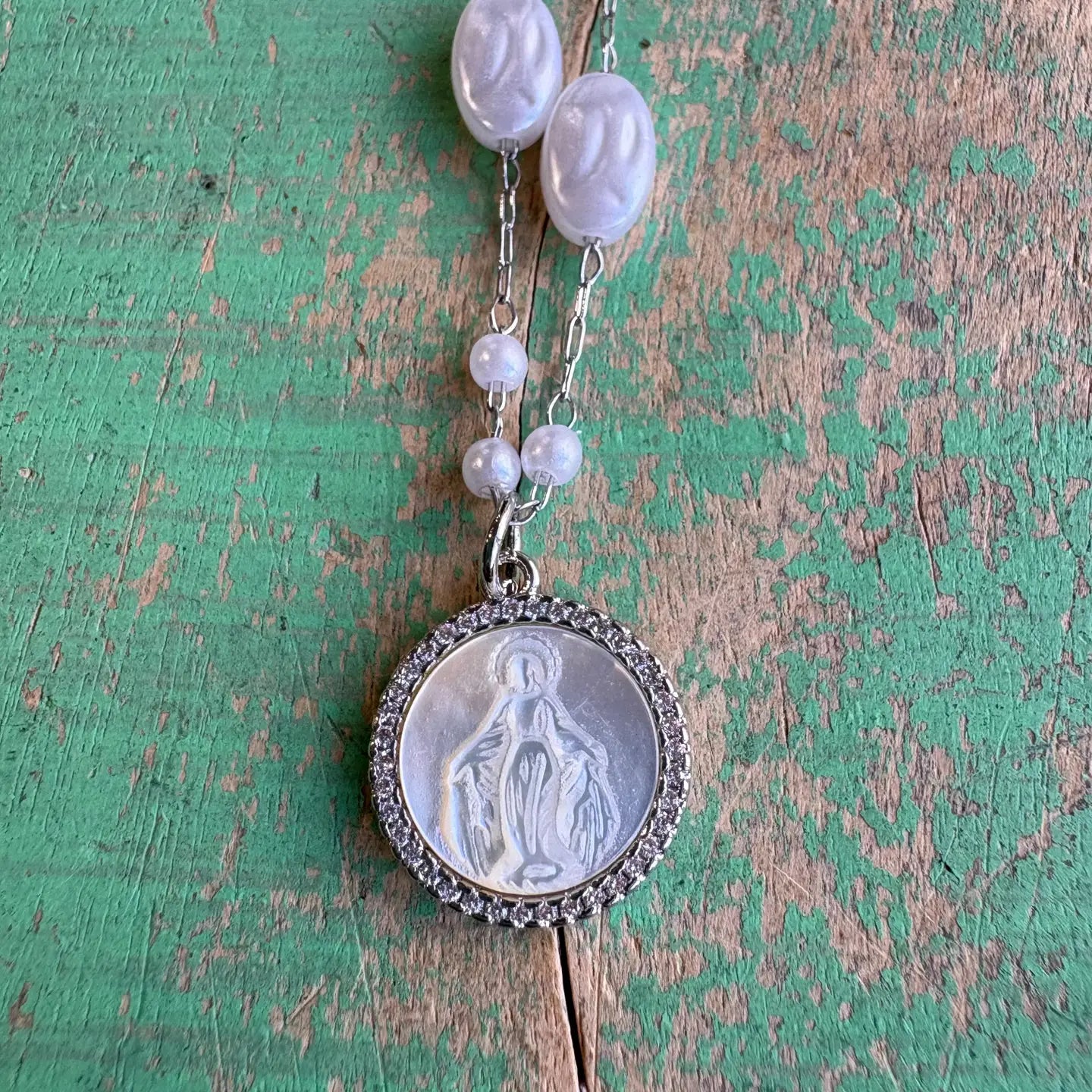 Our Lady of Grace Pearl Chain Necklace - Silver