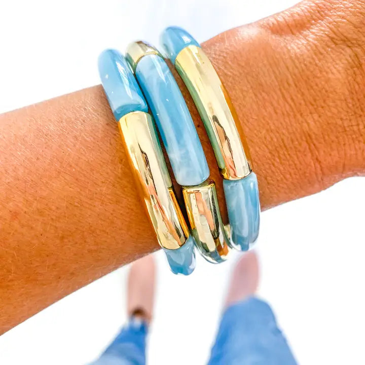 Light Blue & White Marble Gold Tube Bangle Bracelet