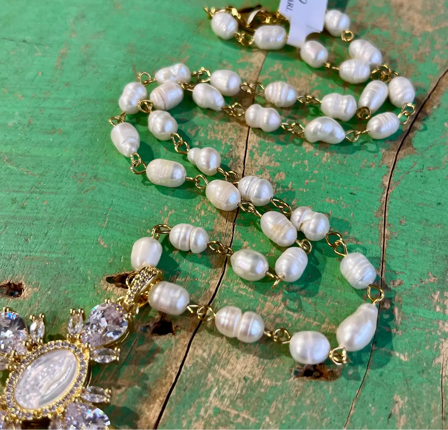 Our Lady of Guadalupe Cross Pearl Necklace - Gold