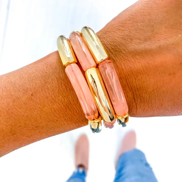 Peach Marble + Gold Tube Bangle Bracelet