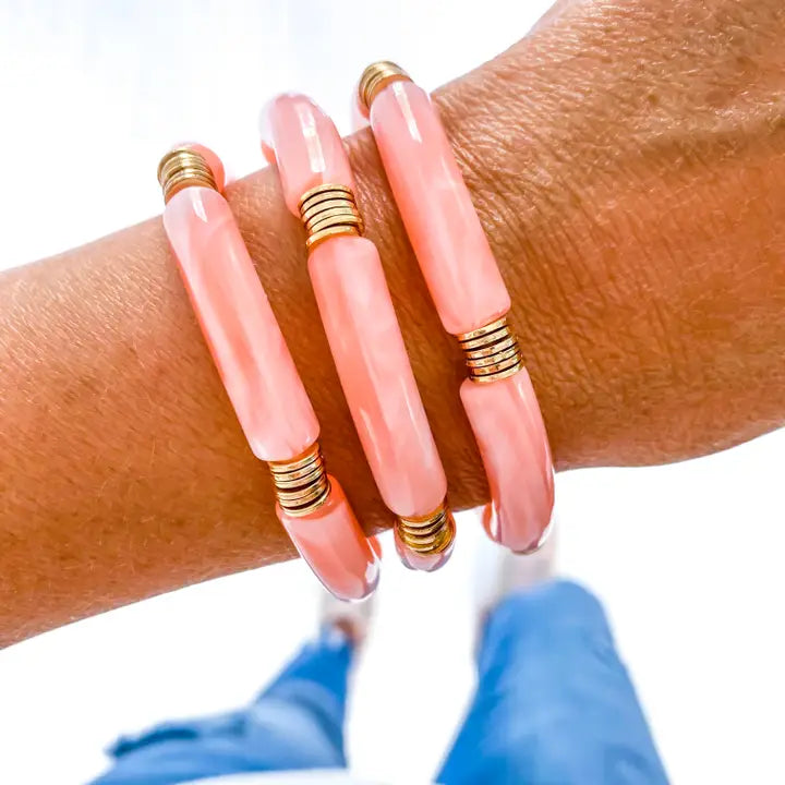 Peach Marble & Thin Gold Disc Tube Bangle Bracelet