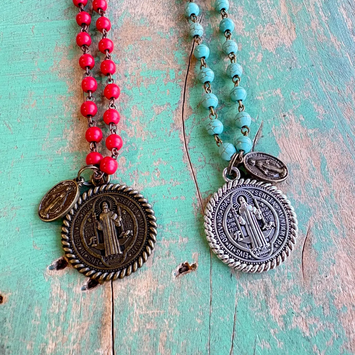 Howlite St Benedict Miraculous Necklace - Turquoise
