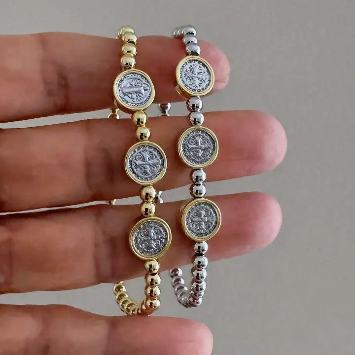 Tri St Benedict Medal Two Tone Adjustable Bracelet - Gold