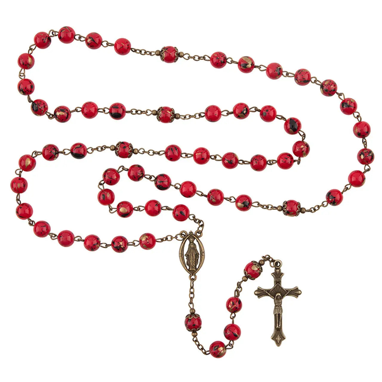 Bronze Glass Bead Our Lady of Grace Rosary - Red