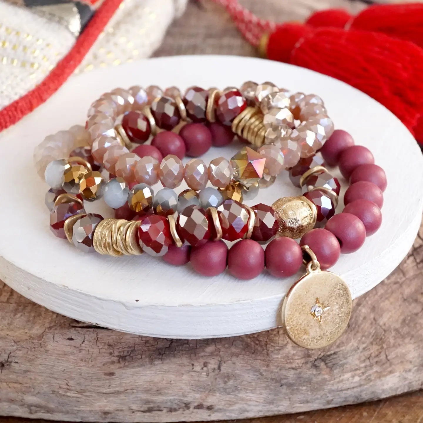 Beaded Bracelets Set in Red Burgundy with A Coin Charm
