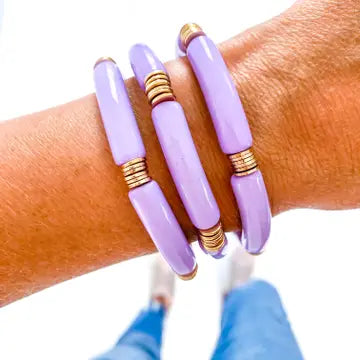 Lavender & Thin Gold Disc Tube Bangle Bracelet