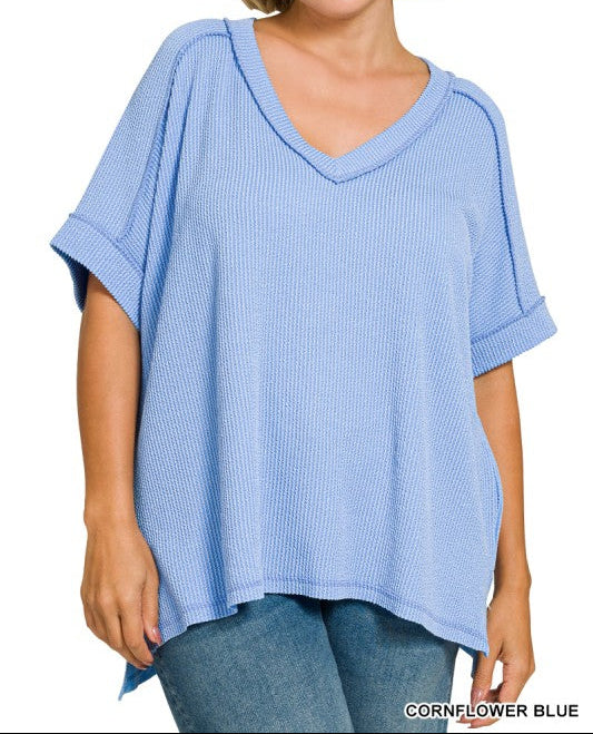 Raised Rib Short Sleeve Hi-low V Neck Top - Cornflower