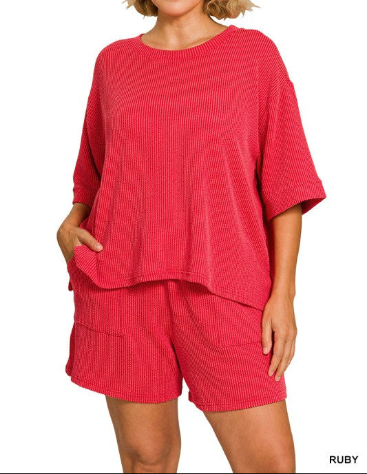 Raised Rib Short Sleeve Tee & Shorts Set - Ruby