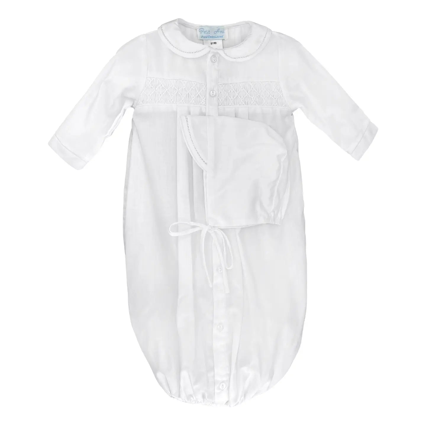 White Smocked Gown + Bonnet