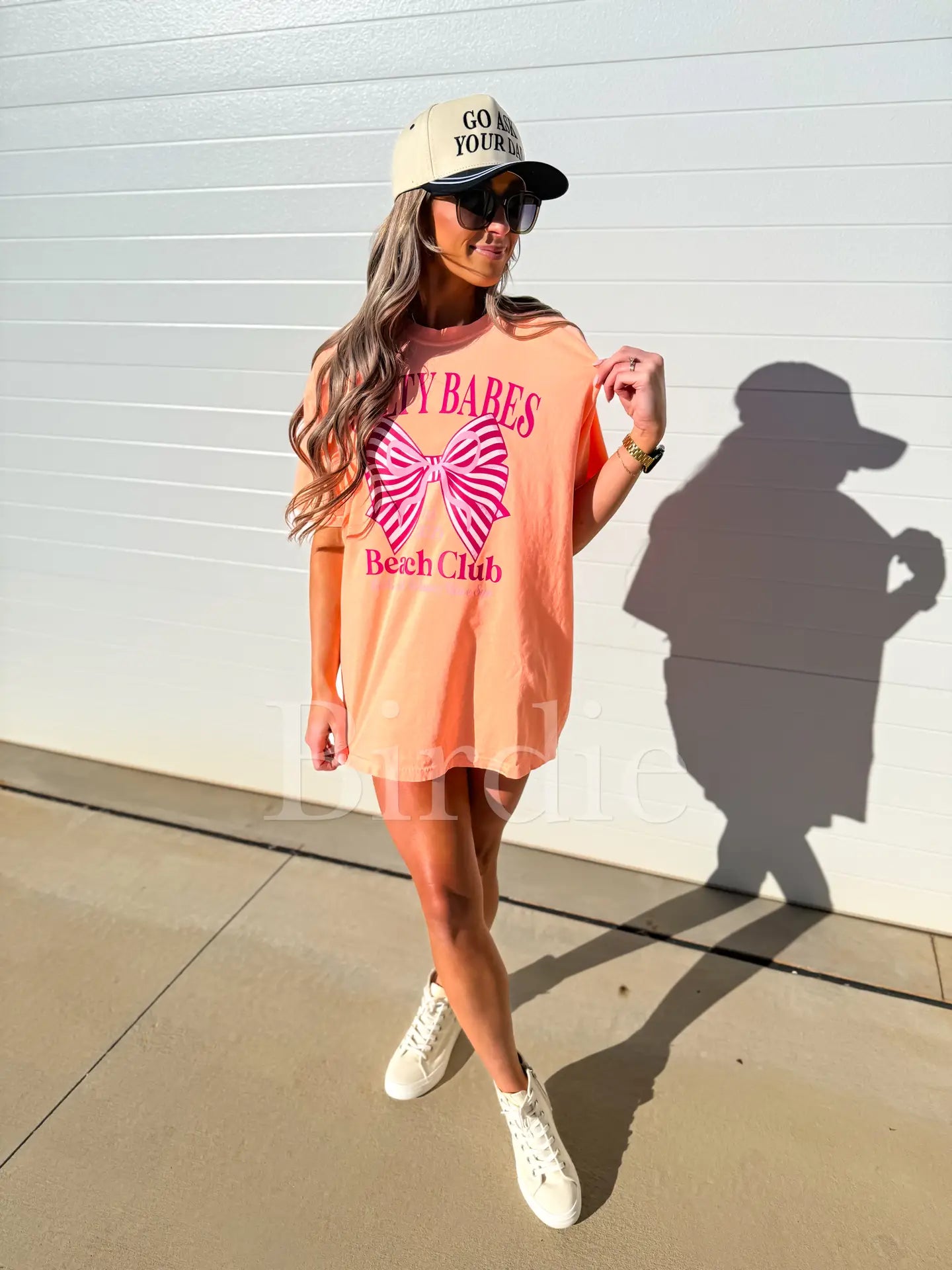 Salty Babes with Pink Bow Graphic Tee On Neon Cantaloupe