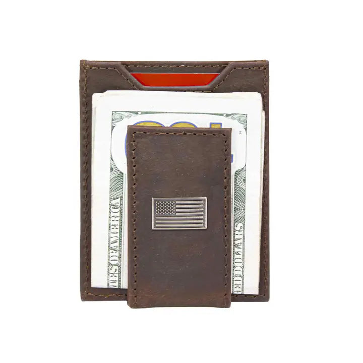 American Flag Magnetic Leather Slim Wallet - Crazyhorse Brown