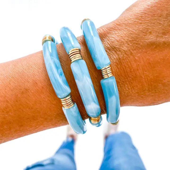 Light Blue & White Marble Thin Gold Disc Tube Bangle Bracelet