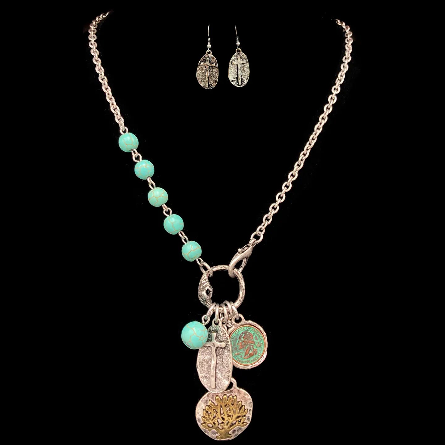 Western Cross Charms Turquoise Beads Necklace + Earring Set