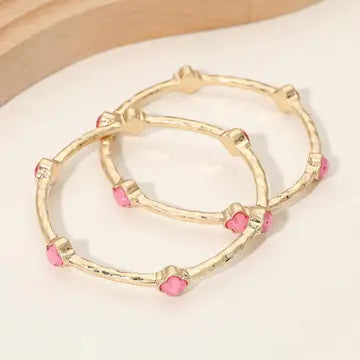 Pink - Quatrefoil Stone Accent Hammered Metal Multi Layered Bangle Bracelets - 2PCS