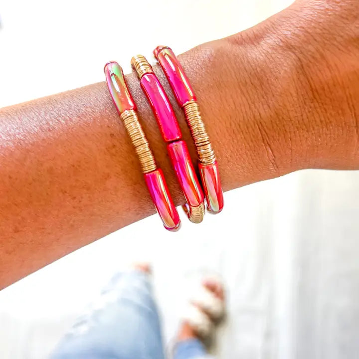 Metallic # 6 Pink Red Acrylic Tube Bamboo Bracelet