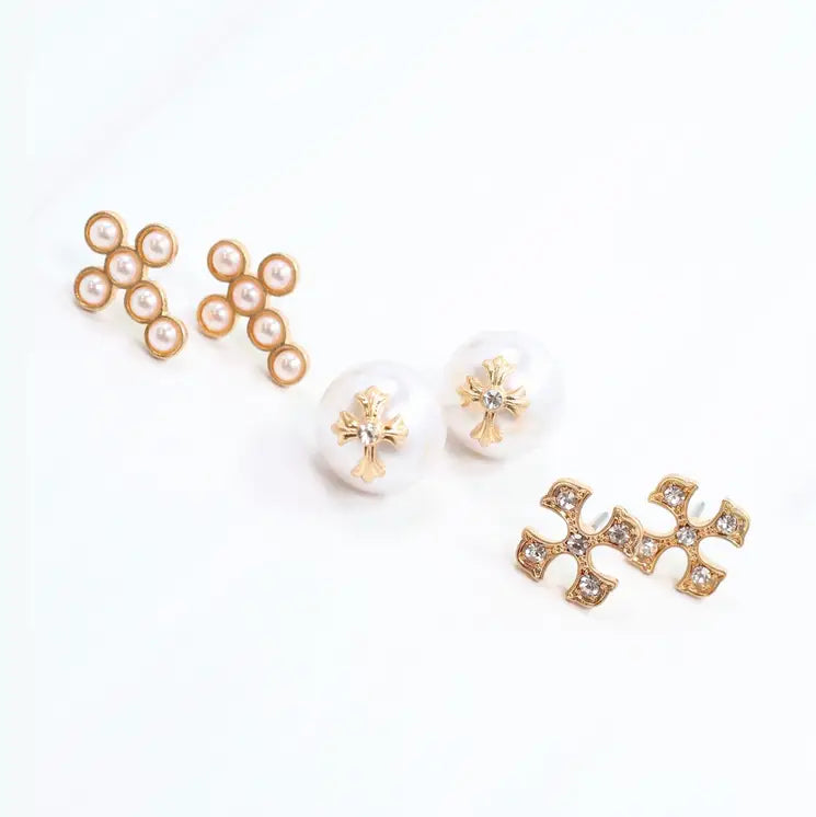 Minnie Lou Cross Earring Set Worn Gold