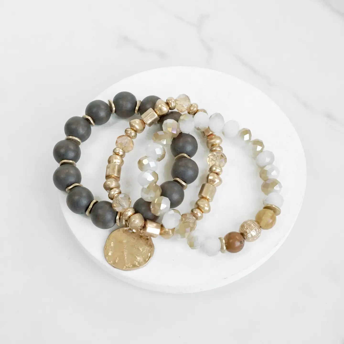 Boho Beads Coin Bracelets Statement Set in Brown