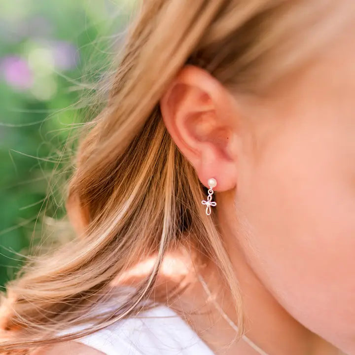 Sterling Silver Pearl Cross Earrings