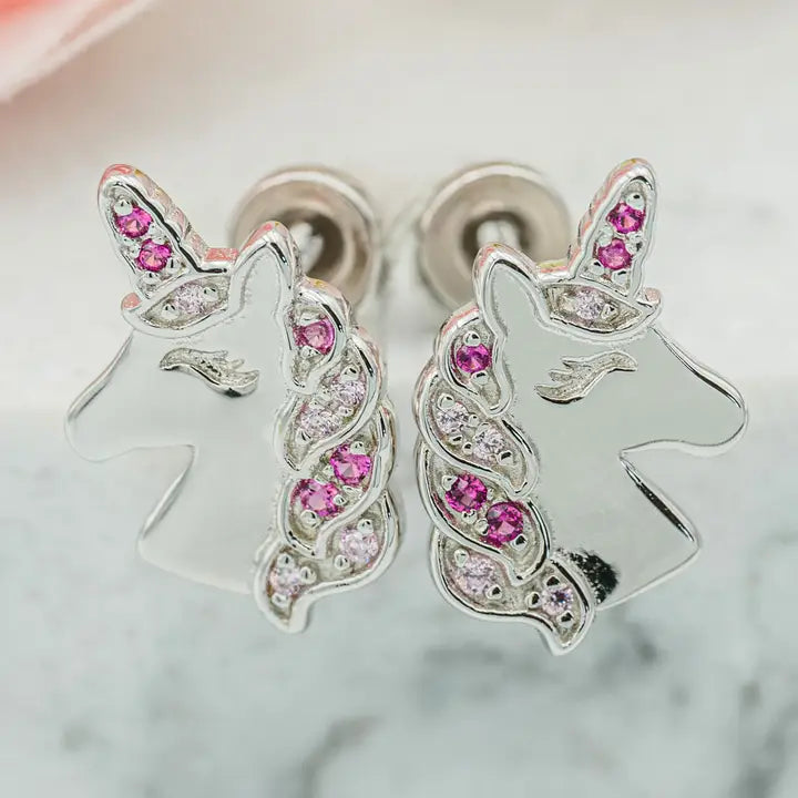 Sterling Silver Girls Screw-Back Pink Unicorn Earrings Kids