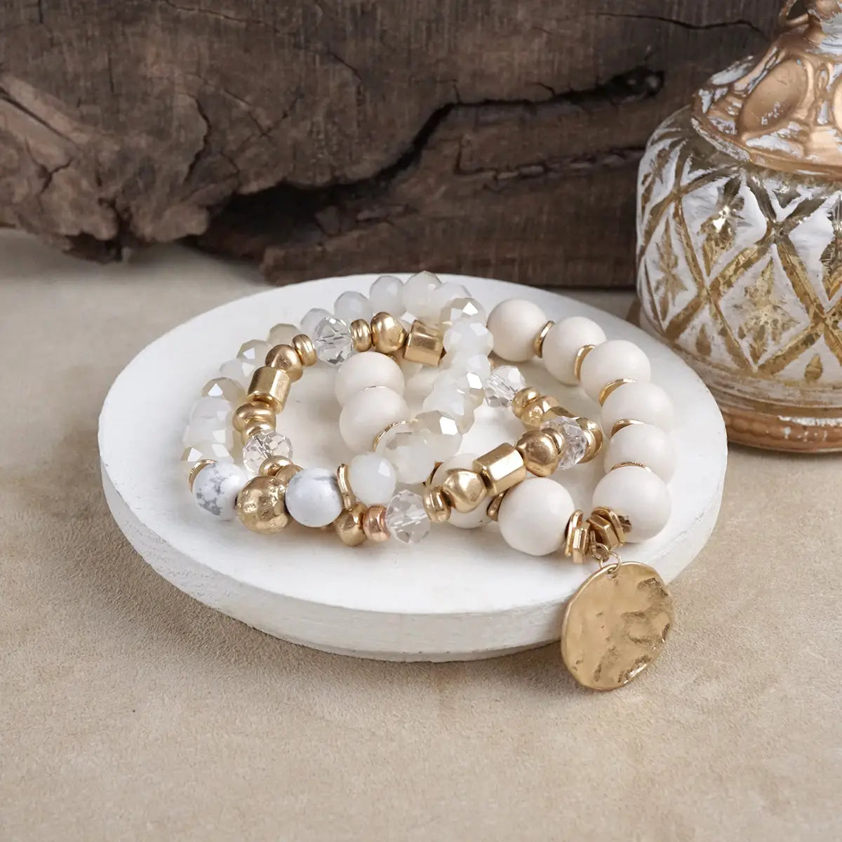 Boho Beads Coin Bracelets Statement Set in Cream