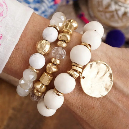 Boho Beads Coin Bracelets Statement Set in Cream