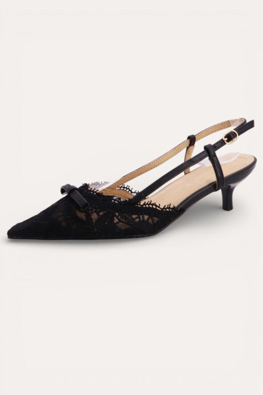 Elegant Lace Pointed-Toe Ribbon Slingback Heels - Black