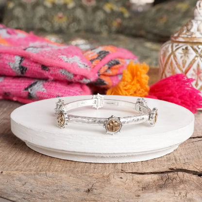 Cross Coin Bangle in Worn Silver