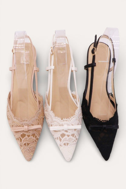 Elegant Lace Pointed-Toe Ribbon Slingback Heels - Black