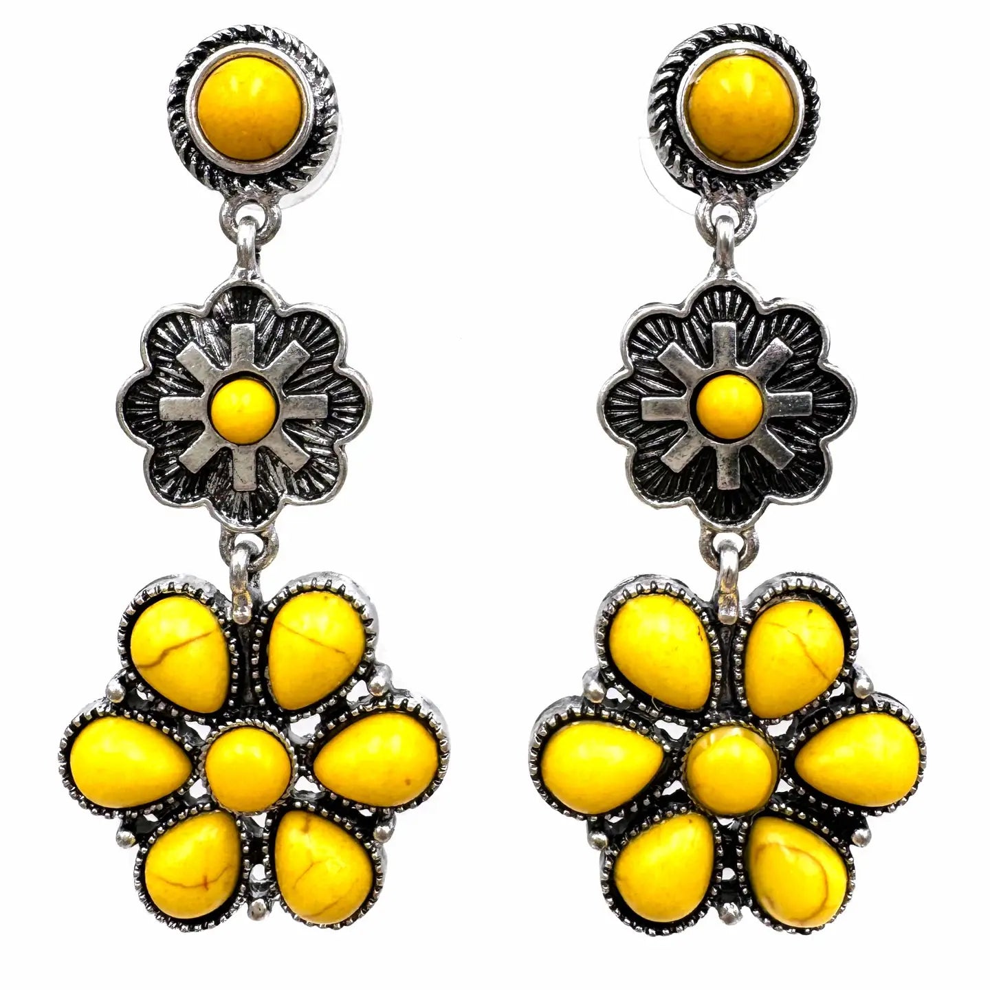 Flower Concho Western Dangle Earrings - Yellow