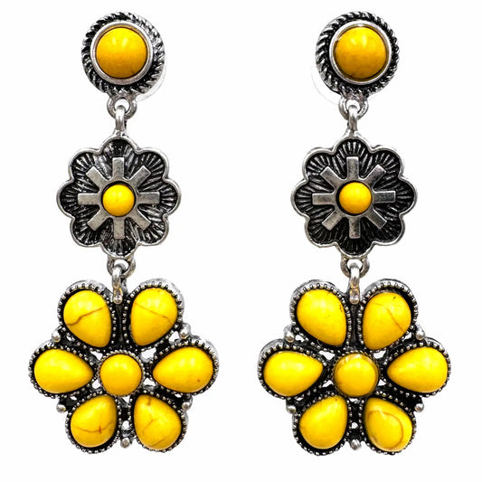 Flower Concho Western Dangle Earrings - Yellow
