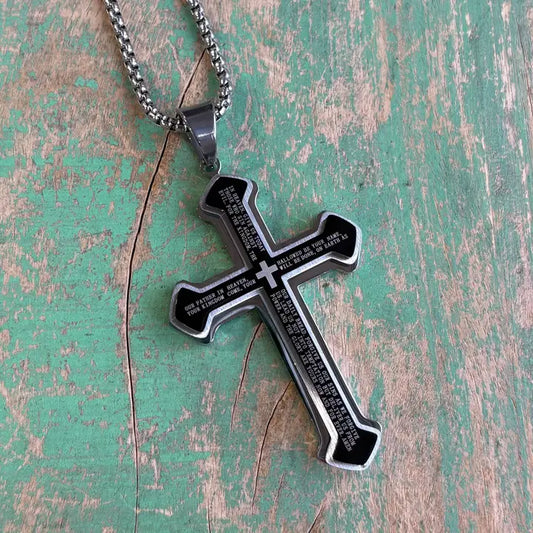 Stainless Steel Big Our Father Cross Necklace - Black