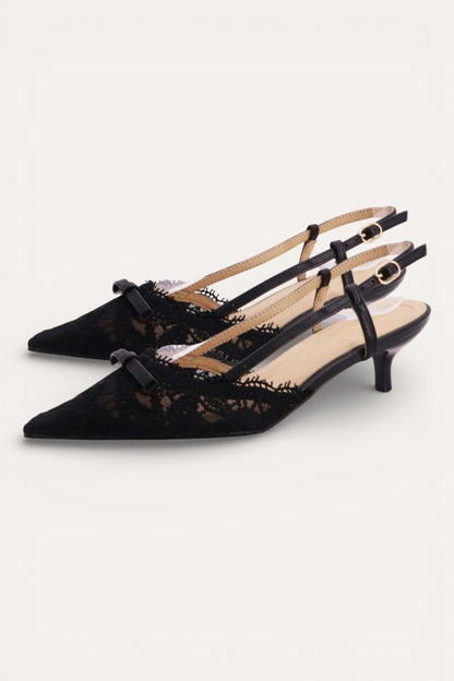 Elegant Lace Pointed-Toe Ribbon Slingback Heels - Black