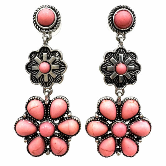 Flower Concho Western Dangle Earrings - Pink