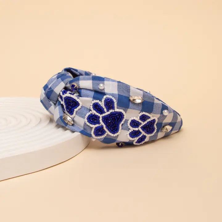 Beaded Top Knotted Gingham Style Headband - Blue