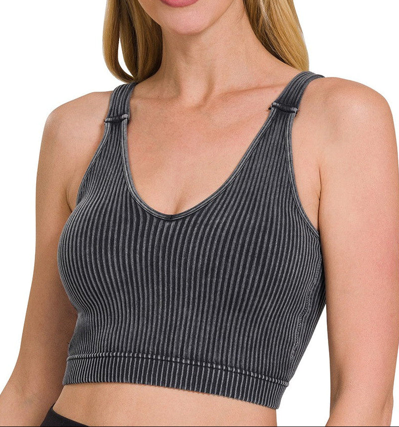 Washed Ribbed Cropped Seamless Bra Padded Tank Top- Ash Black