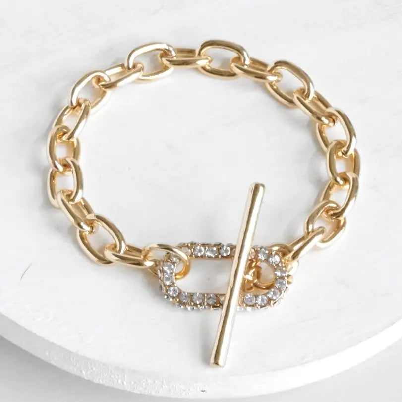 Gold Tone Chain Bracelet with Pave' Toggle Clasp