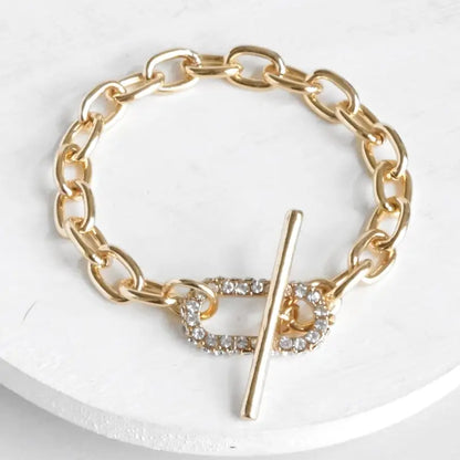 Gold Tone Chain Bracelet with Pave' Toggle Clasp