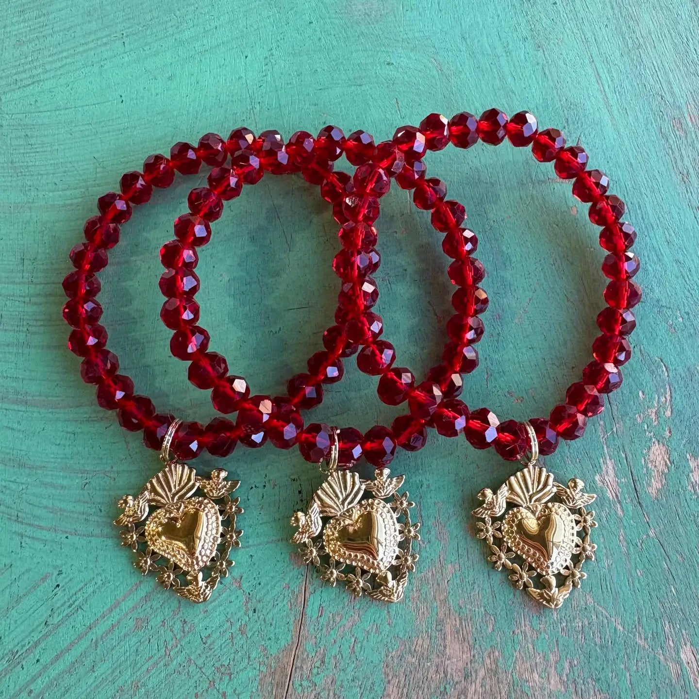Red Crystal Gold Sacred Heart Bracelet