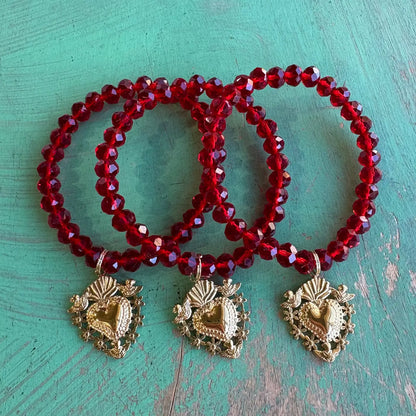 Red Crystal Gold Sacred Heart Bracelet