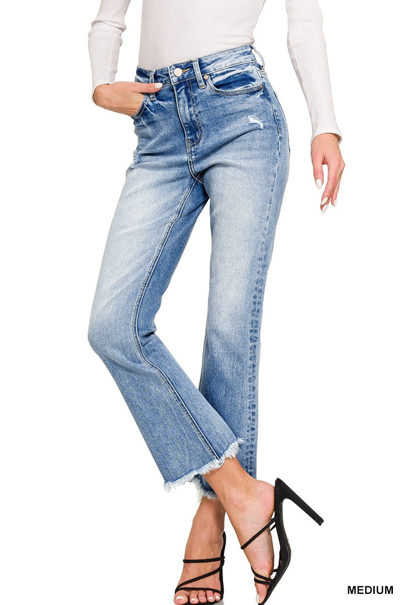 High Rise Straight Raw Hem Cropped Denim Pants