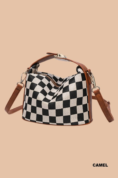 Checkered Hollace Crossbody Cube Tote Bag - Camel