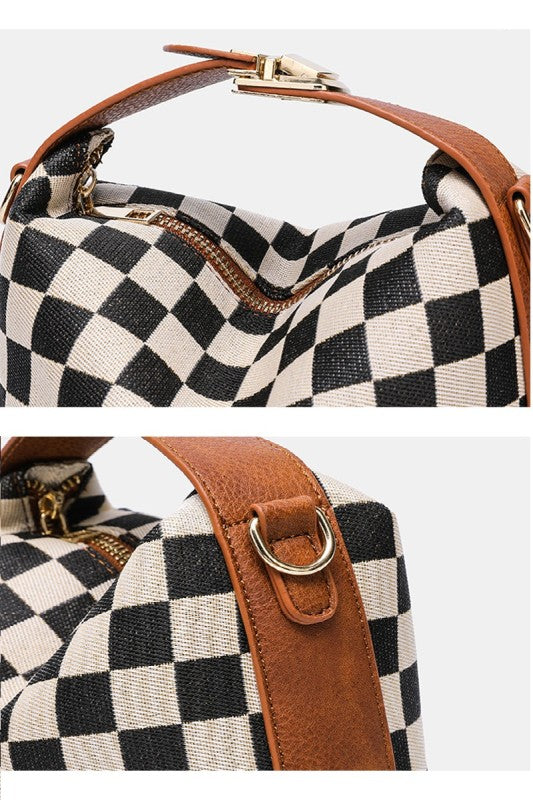 Checkered Hollace Crossbody Cube Tote Bag - Camel