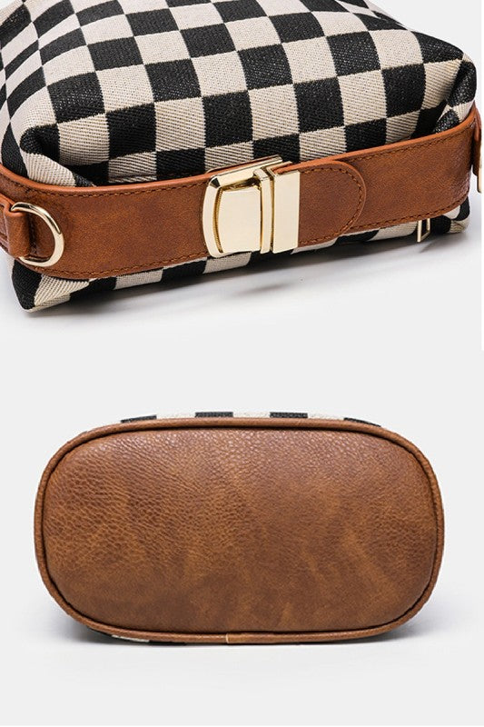 Checkered Hollace Crossbody Cube Tote Bag - Camel