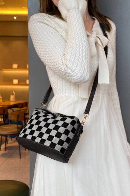Checkered Hollace Crossbody Cube Tote Bag - Black