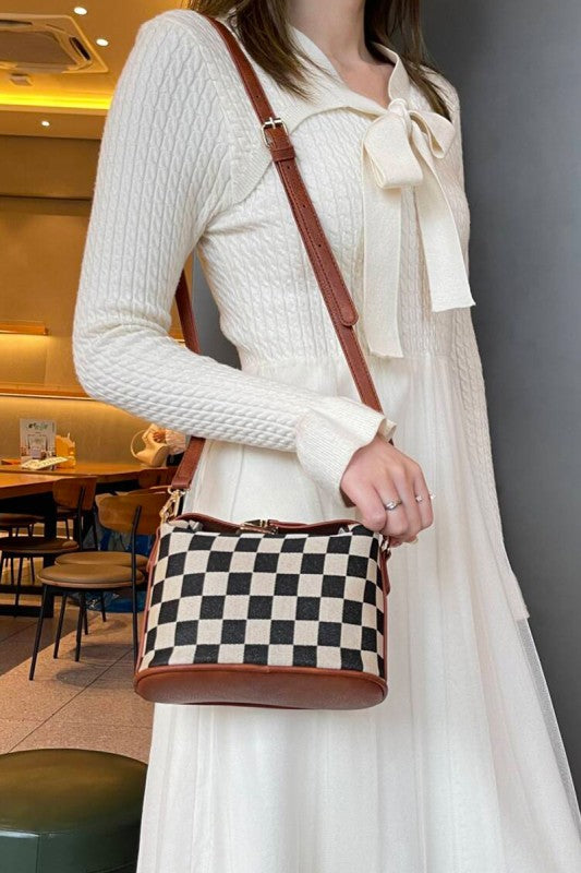 Checkered Hollace Crossbody Cube Tote Bag - Camel