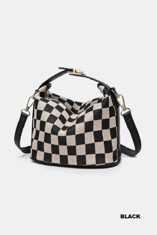 Checkered Hollace Crossbody Cube Tote Bag - Black