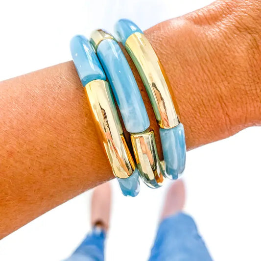 Light Blue & White Marble Gold Tube Bangle Bracelet