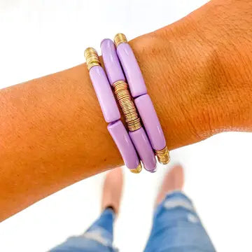Lavender & Wide Gold Disc Tube Bangle Bracelet