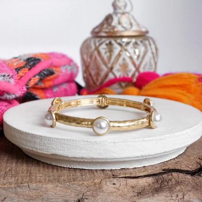 Jeweled Golden Bangle with Semi Precious Stone Dots- Worn Gold Pearl